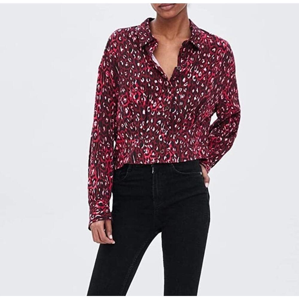 ZARA TRF COLLECTION Red Leopard Crop Blouse Size XL Viscose Button Up Top
